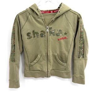 Y2K Shaka B-Wear Camo Sequin Full Zip Hoodie Size S McBling Olive Green Grunge